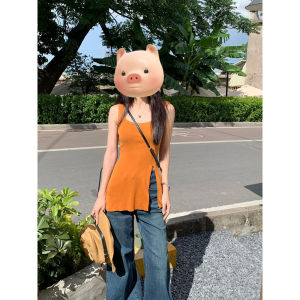 Orange Square Collar Ice Silk Knitted Strap Vest Women Summer Outerwear Slim Fit Slit Sleeveless Top Fashionable Design