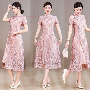 2026 chinese traditional dress lace qipao national flower embroidery cheongsam a-line dress oriental elegant wedding party dress