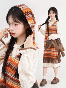 Early Autumn Floral Print Two-Piece Set Womens Vintage Grid Hooded Tassel Vest And Dress Layering Ensemble Fashionable Student Uniform
