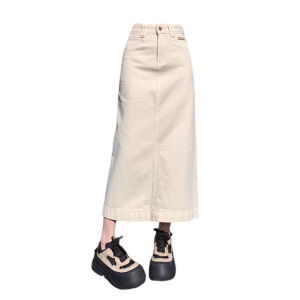 High Waist A-Line Mini Skirt Womens Denim Split Midi Skirt Slimming Long Skirt Vintage Style Khaki Color Commute Pure Color