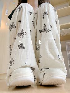 miiow | Cat Lady White Butterfly National Style Casual Pants Women Summer Thin High Waist Loose Drapey Wide Leg Pants Long Pants