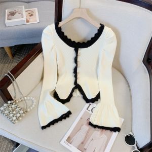 ฝรั่งเศส เรียบหรู แขนยาว ผู้หญิง เสื้อสเวตเตอร์ถัก สลิมฟิต เสื้อทูนิค ฤดูใบไม้ร่วง ฤดูหนาว เสื้อฐานสวมด้านใน นุ่ม บล็อกสี พรางหุ่น เสื้อสเวตเตอร์