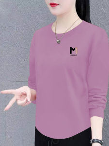 Womens Pure Cotton Long Sleeve T-Shirt round Neck Loose Fit Slimming Spring Autumn New Style Korean Version Base Shirt Trendy