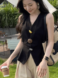 chaqi | Slimming Effect Sleeveless Vest Fashionable Classic Style Short Top For Women Commute Style Regular Length Single Button Closure