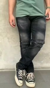 Celana Jeans Pria Ripped Motif Sobek Puring Tidak Tembus Stretch Skinny Manrock Black Wash Denim Premium