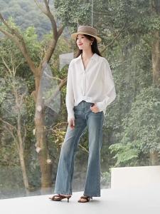 MOHANYIMEI | Linen Blend V-Neck Lace Spliced Hem Shirt