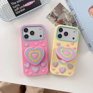 EOENKK | INS Y2K Heart Mirror Makeup Phone Case For iPhone 12 13 14 15 16 17 Pro Max Plus 16e 17e Silicone Love Heart Holder Back Cover
