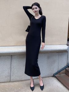 Spring Autumn 2025 V-neck Long Sleeve Slim Fit Midi Skirt One-step Wrap-around Base-layer Skirt High Waist Soft Modal Fabric