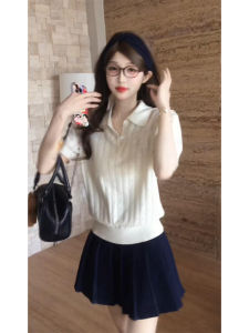 YUEZHONGWEI | Slim Fit American Style Knitted Short Sleeve Polo Shirt Women Summer Small Size College Fashion Turn Down Collar Top