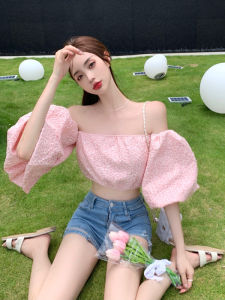 Trendy Vacation Short Sleeve One Shoulder Pure Color Slim Fit Shirt Womens Bubble Sleeve Print Commute Style Fashionable Top