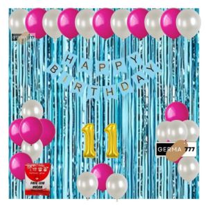 Set Pesta Dekorasi Balon Putih Ulang Tahun Anak & Banner Happy Birthday Biru