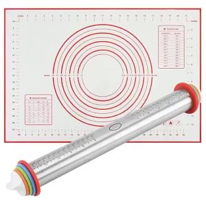 Stainless Steel Rolling Pin with Adjustable Thickness RingsDough Roller and Silicone Baking Pastry Mat Set or Only Mat