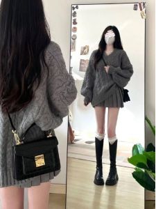 Salt Series Lazy Style Knitted Sweater And Skirt Set Autumn Winter Fashion Small Size Street Style Twisted Hair Bun Skirt Set