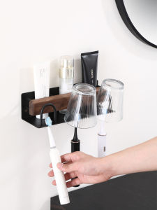 Solid Wood Toothbrush Holder Storage Rack Tooth-Cleaners Toothpaste Storage Rack Gargle Cup Wall-Mounted Electric Toothbrush Holder Punch-Free