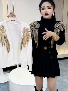 Elegant Heavy Work Womens Open Cardigan Single Button Loose Versatile Outerwear Sequin Embellished Long Sleeve round Neck