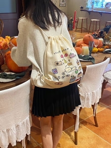 Cute Cat Canvas Backpack Drawstring Commuter Bag Womens Dailybag School Bag Soft Foldable Vertical Square Shape Print Pattern