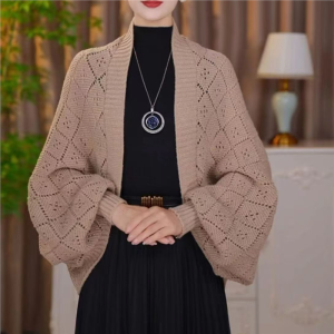 Fashionable Knitted Warmth-Boosting Autumn Winter Checkered Shoulder Shawl Hollow out Cardigan Versatile Lazy Style Trendy