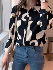 New 2023 Fashion Cetakan Geometris Korea Trendy Kemeja Lengan Panjang Hitam Sifon Berkualitas Tinggi Atasan Wanita Kemeja Kerja Santai OL Work Casual Women Long Sleeve Shirt