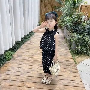 Summer Fashion Clothes Set 2-6 Years Children Girl Chiffon Polka Dot Sleeveless T-Shirt + Pants