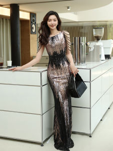 Sequin Long Evening Dress Silm Slim Looking Heavy Industry Tassel Gradient Fishtail Elegant Host Banquet Performance Long Dress