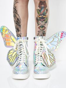 David & Keven เลเซอร์โฮโลแกรมเงิน Butterfly Wing รองเท้าเข่า-สูง Multi-Material Patchwork หนังภายในสําหรับเด็กและเยาวชน