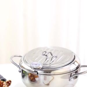 1pc Stainless Steel Oil Pan Household Thermometer With Cover Tempura Oil Fryer Small Oil Saving French Fries Frying Pan