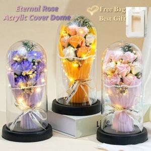 Artificial Rose Flower Acrylic Cover Dome 7Pcs Eternal Rose Flower Bouquet LED Light For Gift