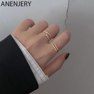 anenjery | ANENJERY Silver Color Double Layer Cross Line Finger Ring for Women Gold Color CZ Geometric Adjustable Rings Jewelry