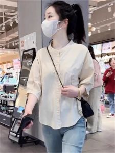 เสื้อเชิ้ตคอตั้งแขนยาวทรงหลวมสบาย ๆ สำหรับผู้หญิงในช่วงฤดูร้อน ทรงหลวม ทรงเข้ารูป เสื้อคาร์ดิแกน แขนยาวครึ่งตัว