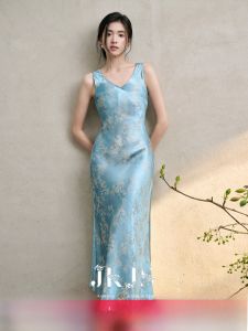 JK&JS | Elegant Long V-Neck Silk-screen Print Vest Dress New Chinese Style Holiday Wear High Waist Summer Season Ladies Fashion