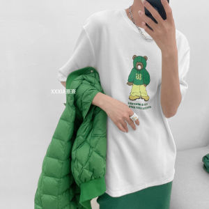Áo Thun Cotton in Họa Tiết Cổ Tròn Tay Ngắn Dáng Rộng Mùa Hè 2024 Phong Cách Hàn Quốc Thời Trang Nữ
