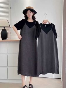 สีเทาเข้ม คอกลมปลอมสองชิ้น สายคล้อง เดรส ผู้หญิง ฤดูร้อน ใหม่ เรียบง่าย Match หลวม แขนสั้นยาว เดรส โพลีเอสเตอร์ ไฟเบอร์ กระโปรงทรงเอ