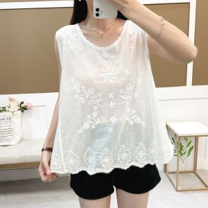 เสื้อกั๊กแขนกุดคอตุ้มปักลายผ้าฝ้ายลินินหลวมๆ สไตล์ศิลปะสำหรับผู้หญิง เสื้อชั้นในฤดูร้อน 2024 แขนกุด ปกติ