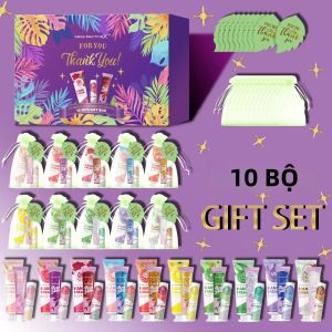 Bộ Quà Tặng Lấp Lánh Dành Cho Nữ - 10 Bộ/hộp Với Kem Dưỡng Tay Son Môi Thiệp Cảm Ơn Lá Xanh Và Túi Quà Bằng Vải Voan