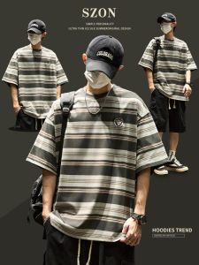 Áo Thun Nam Tay Ngắn Sọc Cổ Điển Mỹ Thời Trang Mùa Hè Tay Lửng Rộng Rãi Phong Cách Lười Biếng Nặng Áo Thun Cotton Thoáng Khí