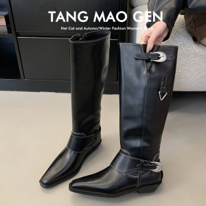 Knee-high Womens Boots 2025 New Vintage Design Metal Buckle Long Tube Fashion Boots Korean Style Low Heel round Toe Knight Boots