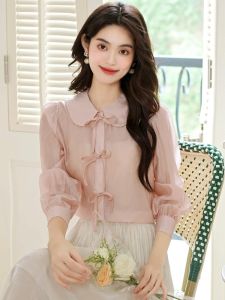 เสื้อเชิ้ตผ้าชีฟองแขนยาวคอตุ๊กตาสำหรับผู้หญิงฤดูใบไม้ร่วง 2025 ดีไซน์เก๋ไก๋และหรูหรา เสื้อผ้าทำงานสไตล์ย้อนยุค สไตล์เรโทร