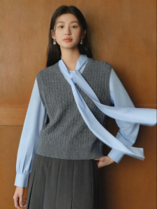 SEIFINI | Layered Knit Vest Shirt with Flowy Collar