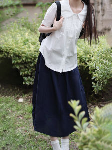 Cobalt Blue Cotton Gauze Doll Collar Half-length Skirt Womens Summer OOTD Set Tumble Dry Natural Waist A-line Midi Skirt