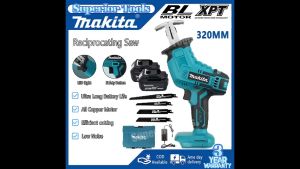 Makita 18V Electric Brushless Cordless Portable Reciprocating Saw Handsaw Sabre Multifunction Saw Adjustable Speed With 4 Blades Kit For Tree Steel PVC Frozen Food Ice Or Bone Cutting With 2 Battery