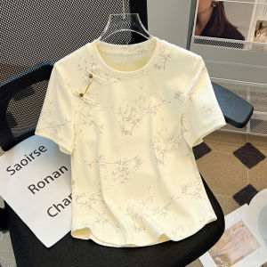 Summer Chinese Style Short Sleeve T-Shirt for Women with Button Up Work Clothing Loose Fit Bamboo Print Slimming Top