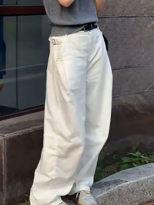 กางเกงทำงานสีขาว ทรงหลวม สำหรับผู้หญิง กางเกงขายาวทรงหลวมสบายๆ ทรงเอวสูง ทรงหลวม ทรงลำลอง กางเกงขายาวทรงเอวสูง