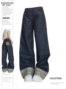 plus Size Street Style Plaid American Jeans Womens Spring Autumn Straight Leg Long Pants Cuffed Denim Trousers Versatile