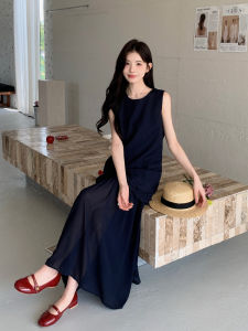 Deep Blue Mesh Splice Sleeveless Womens Dress French Style Summer New Arrival Elegant Vest Long Dress Korean Version High Waist