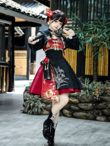 Original National Brand Autumn Winter Lolita Short OP Dress with Button Embroidery Long Sleeve Chinese Style Girl Kung Fu