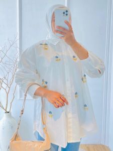 Kemeja Wanita Kekinian Bahan Katun Gauri Manik Putih Oversize Jumbo Bigsize