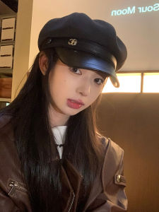 Black Woolen Octagonal Hat Womens British Retro Short Brim Painter Cap Face Slimming Versatile Eight Corner Hat Autumn Winter