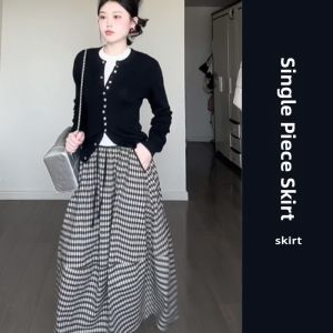 YUEZHONGWEI | Black Knitted Cardigan Plaid Skirt Set Two Pieces