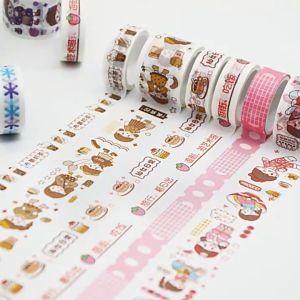 Hộp 4 Cuộn Washi / Băng Keo Giấy Trang Trí Dễ Thương Màu Trà Sữa Cô Bé Ăn Hàng DIY