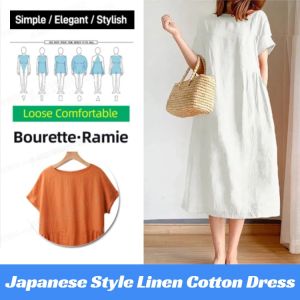 Japanese Style Linen Cotton Dress Solid Color A-Line Loose Short Sleeve Dress Large Pocket Medium Length Dress